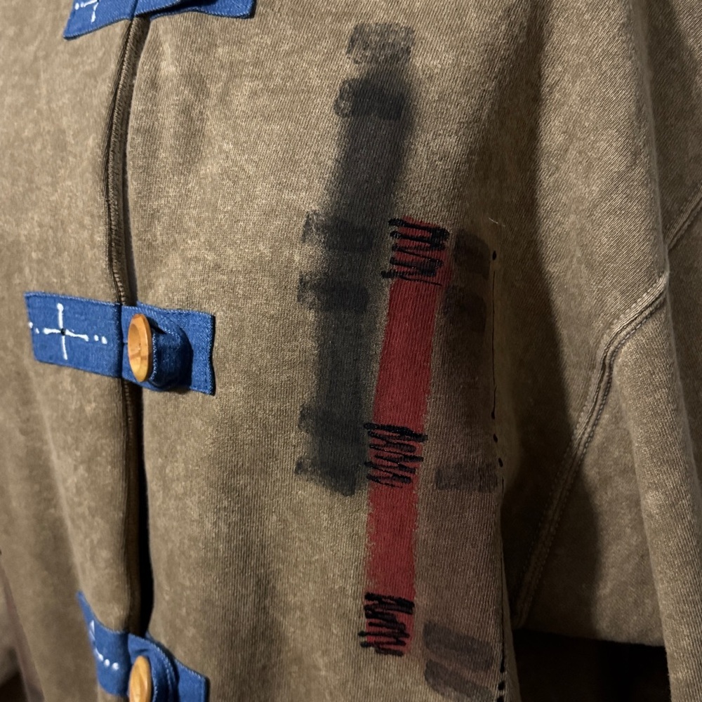 Vintage-Repurposed Sweatshirt-Tan-Abstract Detail-3 Button Toggle-Boxy Relaxed - Picture 4 of 16
